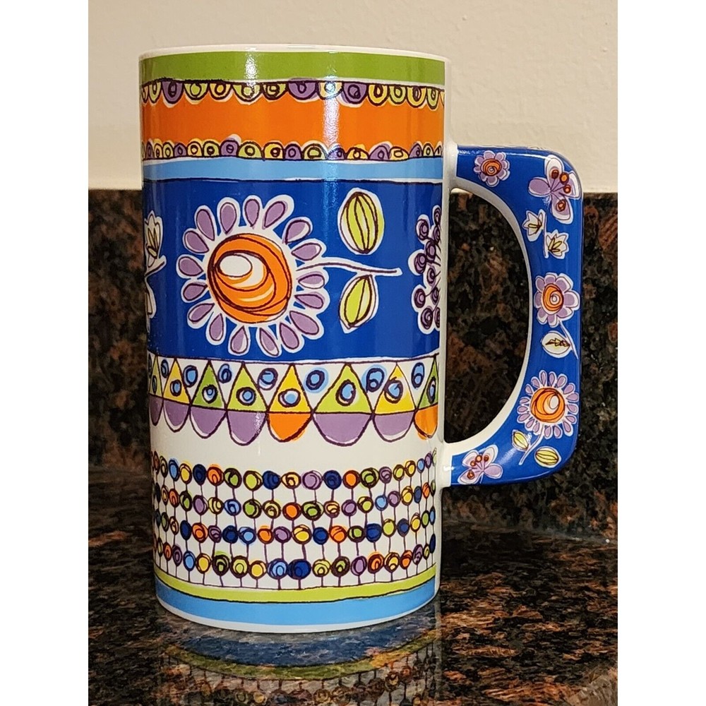 Rare Pier 1 Porcelain Mug Colorful Floral Blue Orange Purple Green 6" Tall - Picture 3 of 9